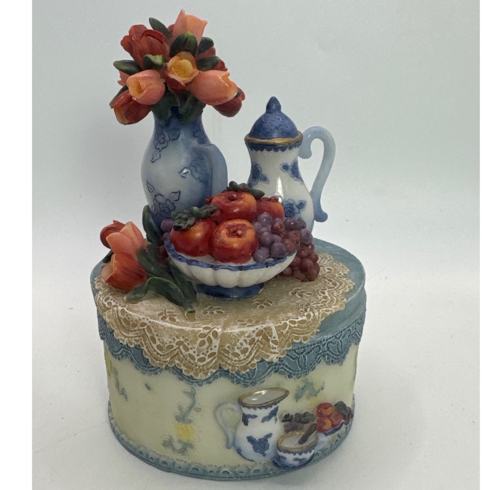A. Richesco Corp BX134B‎ Handpainted Trinket Box Teapot Floral Fruit Still Life